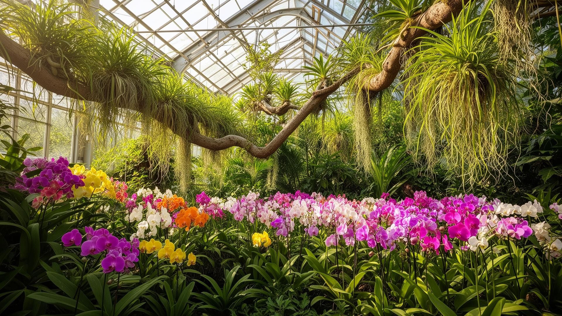 Lush orchid display inside a sunlit conservatory greenhouse with hanging epiphytes and vibrant blooms